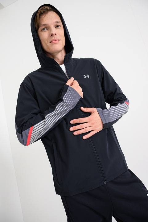 Under Armour, Jacheta cu gluga, pentru alergare Storm, Negru/Gri inchis
