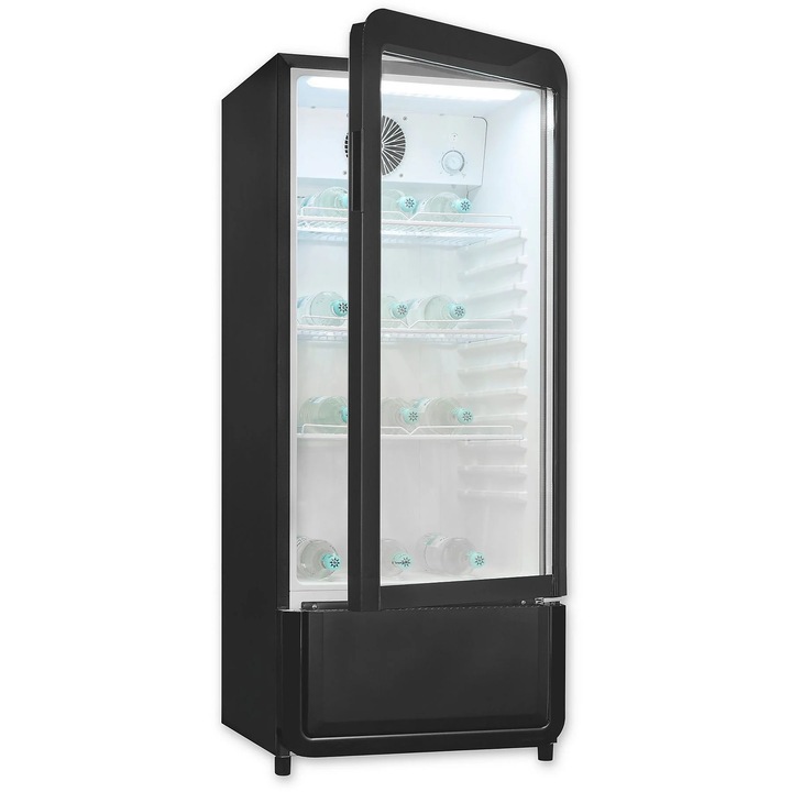Vitrina frigorifica Exquisit CoolPro, capacitate 200 litri, H 132.5 cm, potrivit rezidential/baruri/magazine/benzinarii, No Frost, control temperatura, lumina interioara LED, 5 rafturi interschimbabile, picioare ajustabile, negru