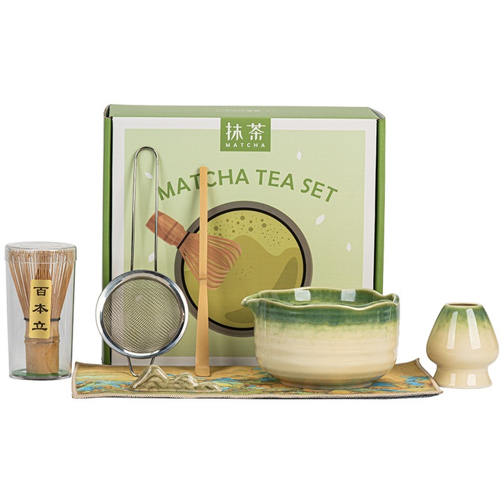 Комплект за чай мача 7 части, Aveek, керамична купа, бамбукова бъркалка, бамбукова лъжица, поставка за бъркалка, 500 мл, зелен
