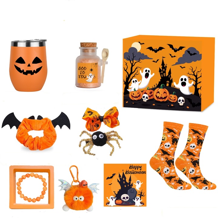 Подаръчен комплект за Хелоуин 10 части, Термос чаша 12oz (с херметичен капак), Соли за вана, Лента за коса, 2 щипки за коса, Гривна, Ключодържател, Чорапи, Поздравителни картички, Опаковани в елегантна подаръчна кутия