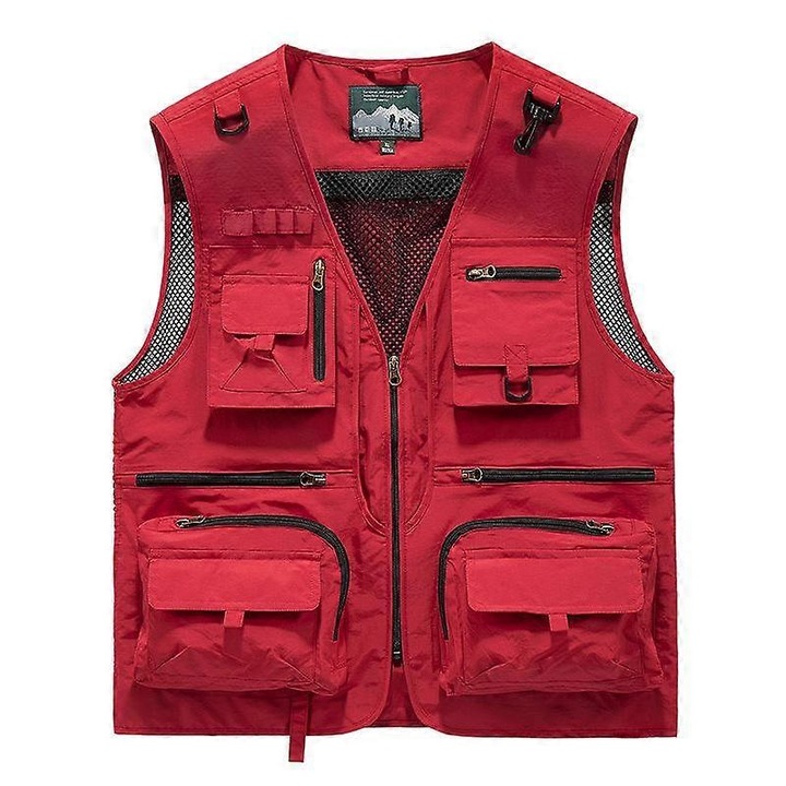 Vesta sport pentru barbati, rosie, poliester, pentru drumetie, set cu buzunare multiple