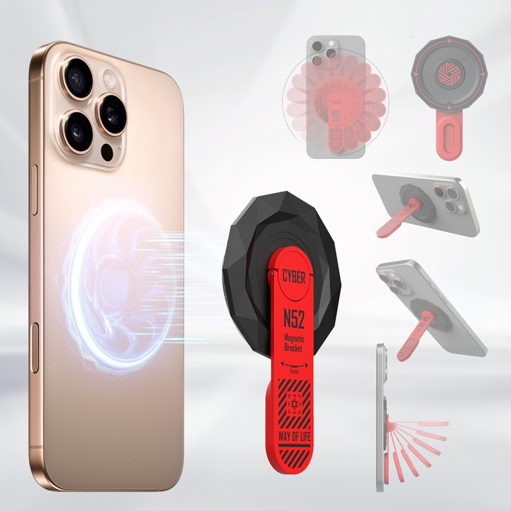 Suport Magnetic Telefon, Aveek, Ventuza, 3 kg putere de aspirare, Rotire 360°, Pliabil, Compatibil Magsafe, Aliaj de zinc-aluminiu, Negru/rosu, Premium