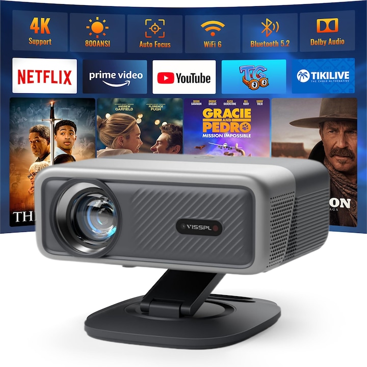 Видео проектор с лицензиран Netflix и Dolby 3D звук, 360°, Wifi 6, 800 ANSI, 28000 лумена с автофокус, Bluetooth 4K домашно кино, автоматична корекция на трапецовидно изкривяване, за външна употреба