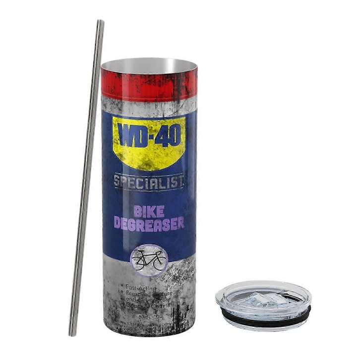 Termos cu design WD40, capacitate 20oz, din inox, set cu pai si capac