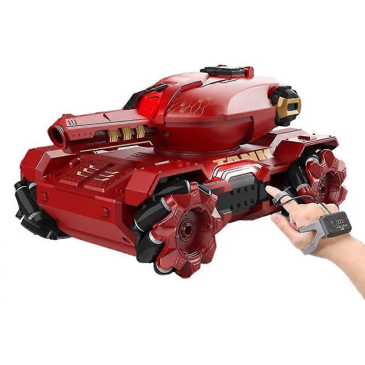 Tanc RC cu lansatoare, rosu, 22x15x11cm, control gestual, 2 baterii reincarcabile