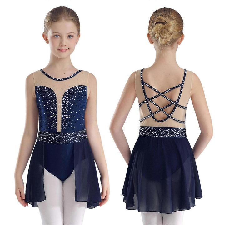 Costum de dans pentru fete, 13-14 ani, cu strasuri, fusta din chiffon, albastru inchis, set 1x rochie de dans