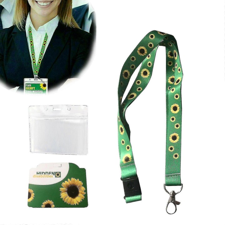 Lanyard cu suport ID, verde, 53cm, set 1 buc, model floarea-soarelui
