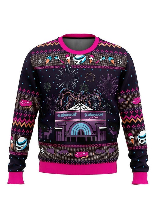 Férfi pulóver, Stranger Things, karácsonyi design, fekete/rózsaszín, puha és kényelmes, XL INTL