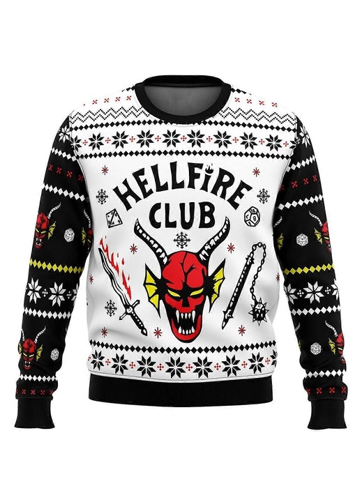 Férfi pulóver, Stranger Things, karácsonyi minta, hosszú ujjú, fehér, 5XL