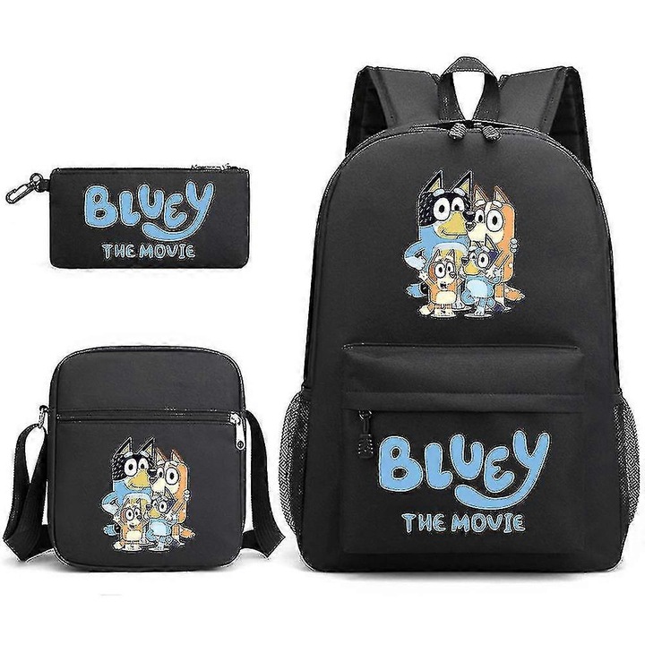 Hátizsák és táska szett, Bluey, 3 darabos, fekete, 1x hátizsák, 1x válltáska, 1x tolltartó