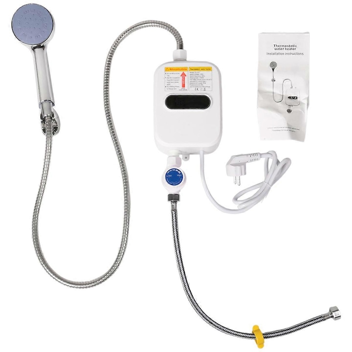 Incalzitor de apa instant, 3500W, display digital, alb argintiu, 21x11x27cm, set cu dus