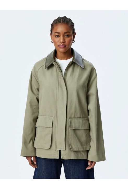 KOTON, Jacheta cu guler din piele ecologica, Kaki, XS