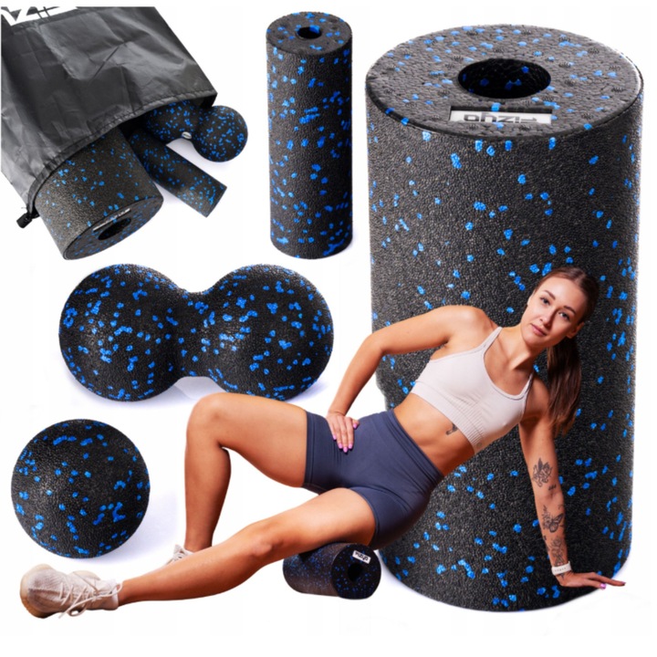 Cilindru si Role pentru Masaj Set Fizyo 4in1 pentru Relaxare Musculara, Stretching, Yoga, Pilates, Fitness, Antiderapant, Albastru