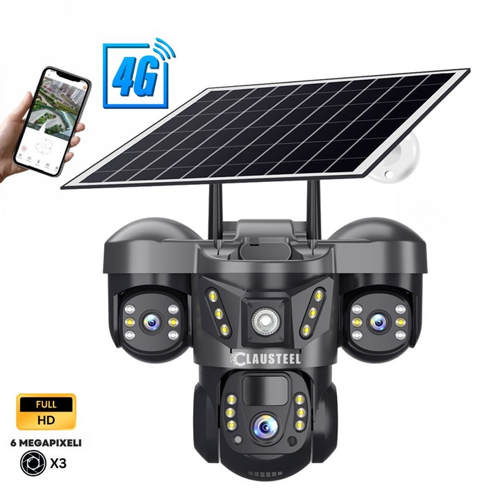 Camera de supraveghere CLAUSTEEL 3in1 cu panou solar, conexiune cu SIM 4G, 6 MP Full HD, 8000 mAh, panou solar de 8W, 3 lentile, senzor PIR, viziune nocturna color, slot MicroSD, microfon, alimentare dubla