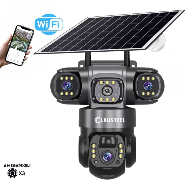 Camera de supraveghere CLAUSTEEL 3in1 cu panou solar, conexiune WIFI, 6 MP Full HD, 8000 mAh, panou solar de 8W, 3 lentile, senzor PIR, viziune nocturna color, slot MicroSD, microfon, alimentare dubla