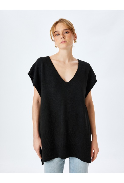 KOTON, Pulover supradimensionat cu decolteu in V, Negru, L