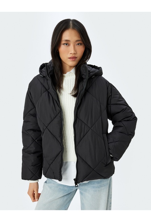 KOTON, Jacheta matlasata cu gluga, Negru, XS