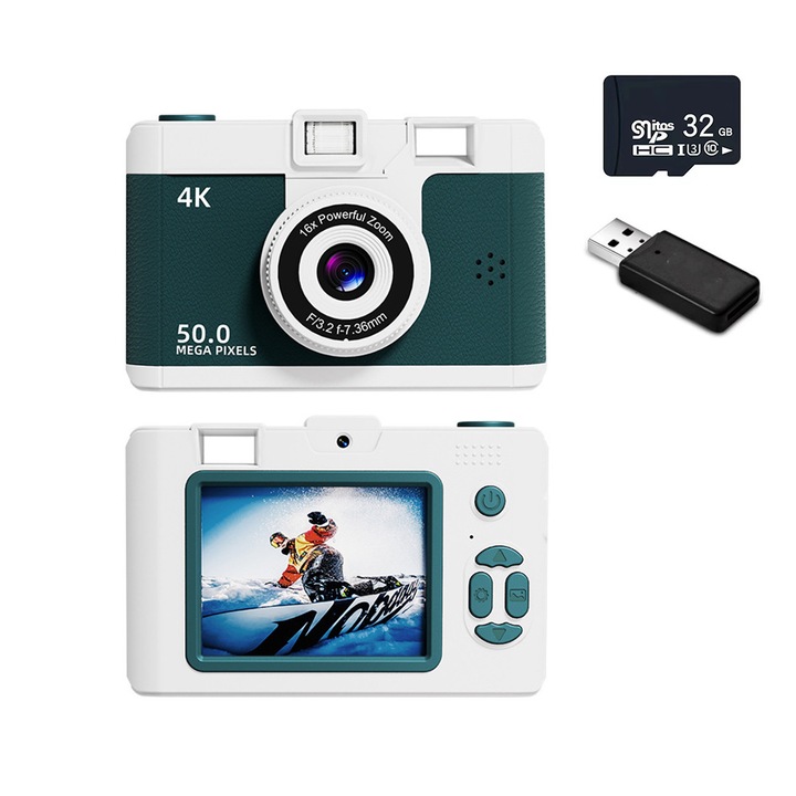 Kompakt digitális fényképezőgép, ORBER, dupla elülső és hátlapi kamera 32 GB-os memóriakártyával, 50MP, 2,4 hüvelykes IPS kijelző, 16x zoom, többszínű szűrők, retró fényképezőgép diákoknak, beépített vaku, autofókusz, OTG/WIFI átvitel, zöld/fehér