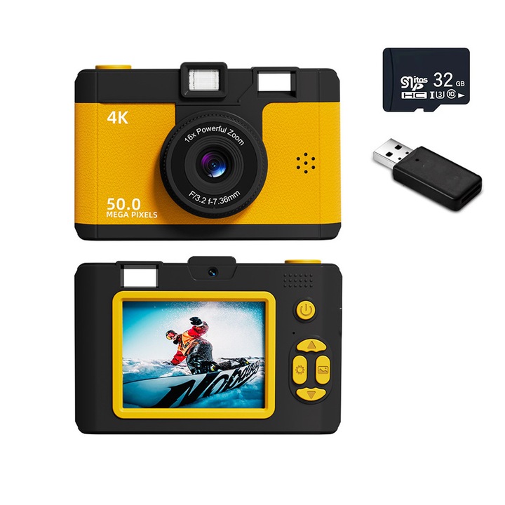 Kompakt digitális fényképezőgép, ORBER, dupla elülső és hátlapi kamera 32 GB-os memóriakártyával, 50MP, 2,4 hüvelykes IPS kijelző, 16x zoom, többszínű szűrők, retró fényképezőgép diákoknak, beépített vaku, autofókusz, OTG/WIFI átvitel, sárga/fekete