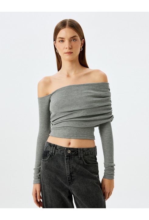 KOTON, Bluza crop cu decolteu pe un umar, Gri, L
