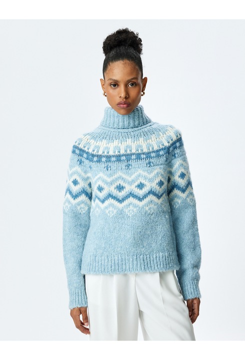 KOTON, Pulover tricotat cu maneci lungi si guler inalt, Albastru, L