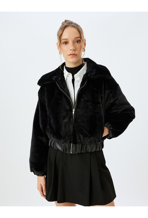 KOTON, Jacheta din blana sintetica cu fermoar, Negru, XS