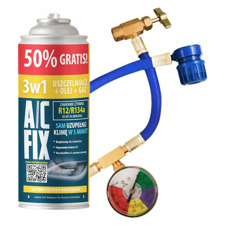 1x AC FIX R134a Agent Frigorific 3in1 – Ulei, Gaz si Etansant pentru Climatizare Auto + Manometru