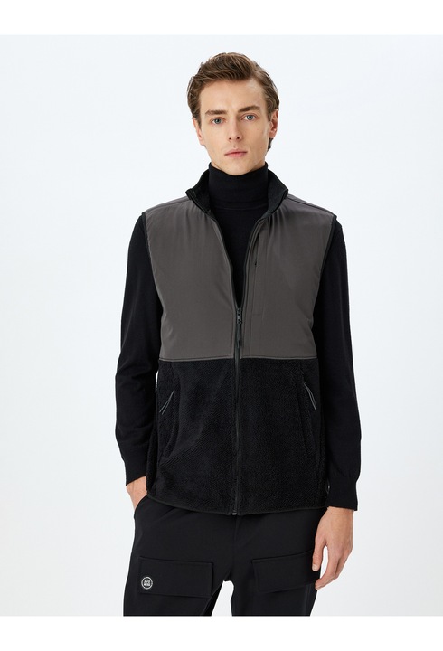 KOTON, Vesta cu doua texturi si buzunare, Negru, L