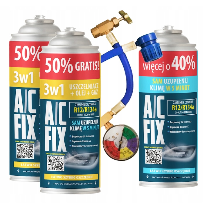 Set complet AC FIX 3in1: 2x Etansant R134a + 1x GAZ R134a + Manometru – Doze Mari