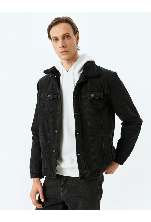 KOTON, Jacheta din denim cu captuseala din material teddy, Negru, L