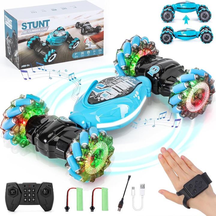 RC кола с дистанционно управление за деца, Topdii®, 2.4GHz, управление с жестове, каскадьорска кола, 4x4 задвижване, LED светлини и звуци, 360° въртене, синя