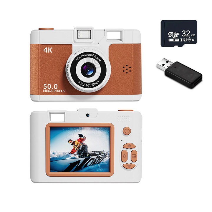 Kompakt digitális fényképezőgép, ORBER, dupla elülső és hátlapi kamera 32 GB-os memóriakártyával, 50MP, 2,4 hüvelykes IPS kijelző, 16x zoom, többszínű szűrők, retró fényképezőgép diákoknak, beépített vaku, autofókusz, OTG/WIFI átvitel, barna/fehér