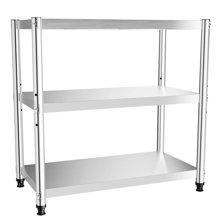 Rozsdamentes acél polc, 3 szintes, tartós, nedvességálló, szabadon álló, ezüst színű
