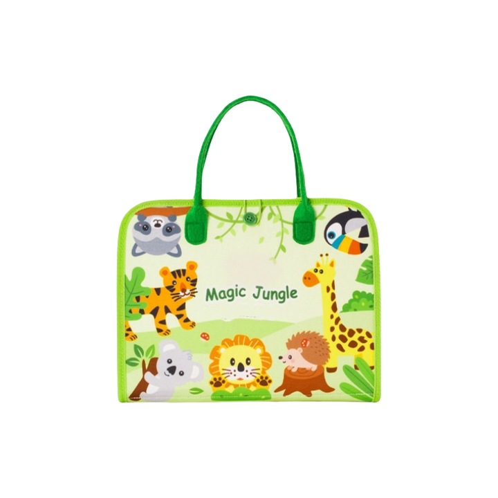 Jucarie interactiva pentru bebelusi, carte din panza rupta manual, tema jungla, rezistenta la rupere, iluminare cognitiva, dezvoltare a inteligentei, antrenament abilitati practice, 28x22cm, multicolora