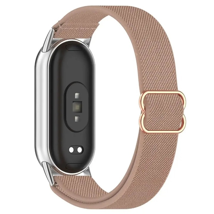 Curea din nylon elastic pentru Xiaomi Mi Band 8 / 9 / 10 – reglabila, prindere metalica argintie, Best Accessories, bej