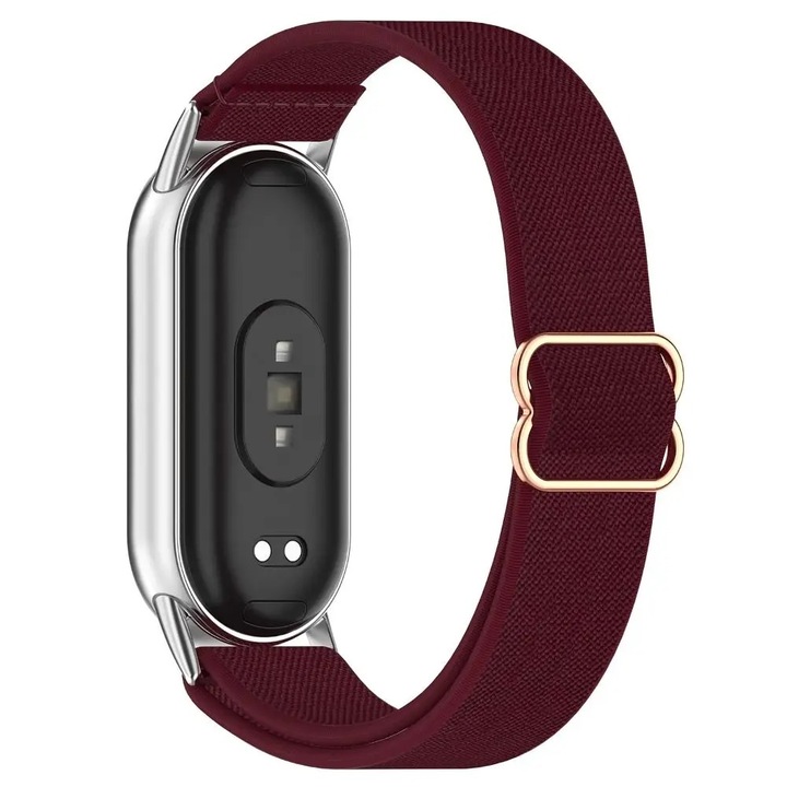 Curea din nylon elastic pentru Xiaomi Mi Band 8 / 9 / 10 – reglabila, prindere metalica argintie, Best Accessories, visiniu