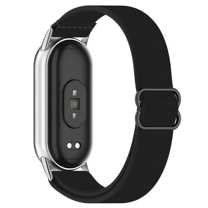 Curea din nylon elastic pentru Xiaomi Mi Band 8 / 9 / 10 – reglabila, prindere metalica argintie, negru