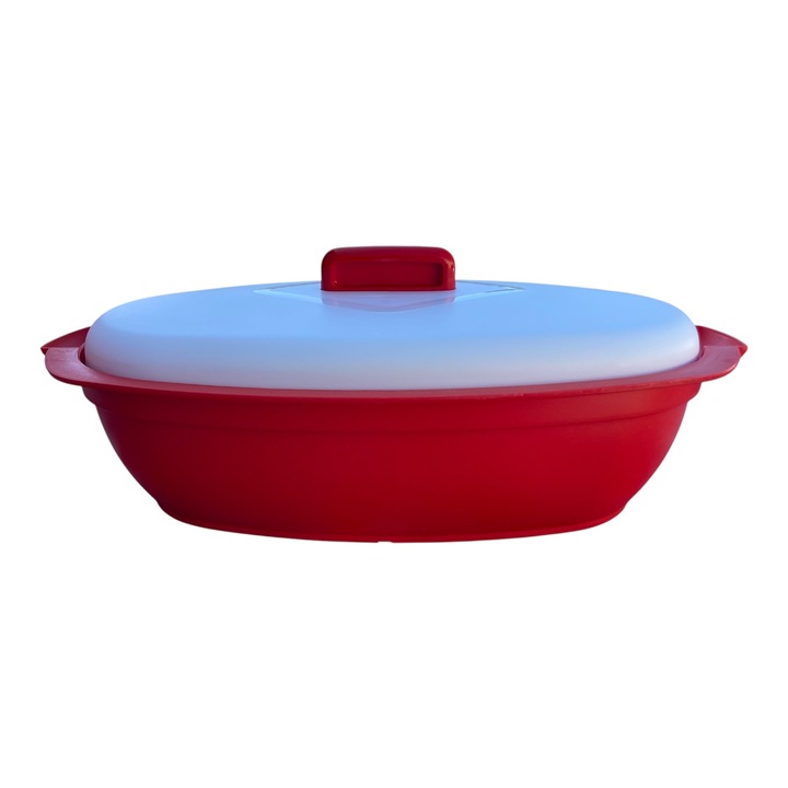 Castron salata oval cu capac din plastic rosu