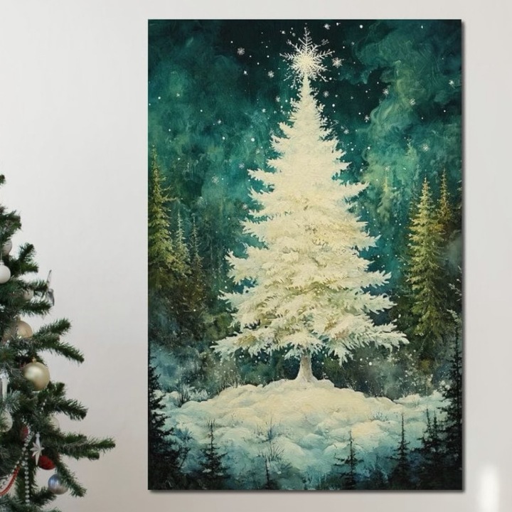 Премиум картина върху платно, LuxCanva® D1020, Магията на бялата ела, 60 X 80 см, 100% памучно платно 400 г/м2, дървена рамка, ела, бяло, сняг, магия, радост, хол, ярки цветове