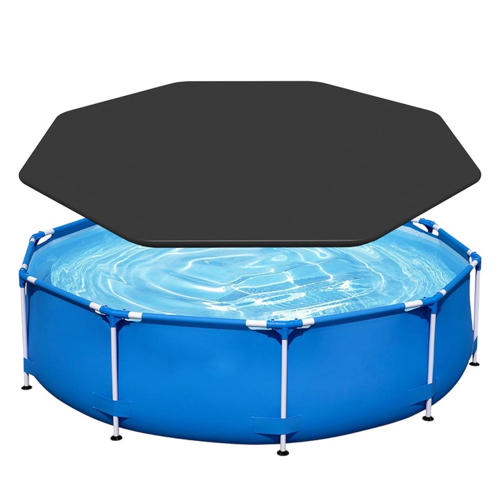 Метален калъф за басейн, диаметър 305 см, кръгъл, с отвори за оттичане, фиксиращи ленти, черен