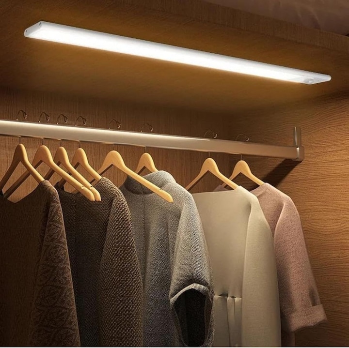 Lampa LED 30 cm cu senzor miscare, reincarcabila Type-C, 3 moduri, lumina alba si galbena, potrivita pentru dressing sau iluminat interior/exterior