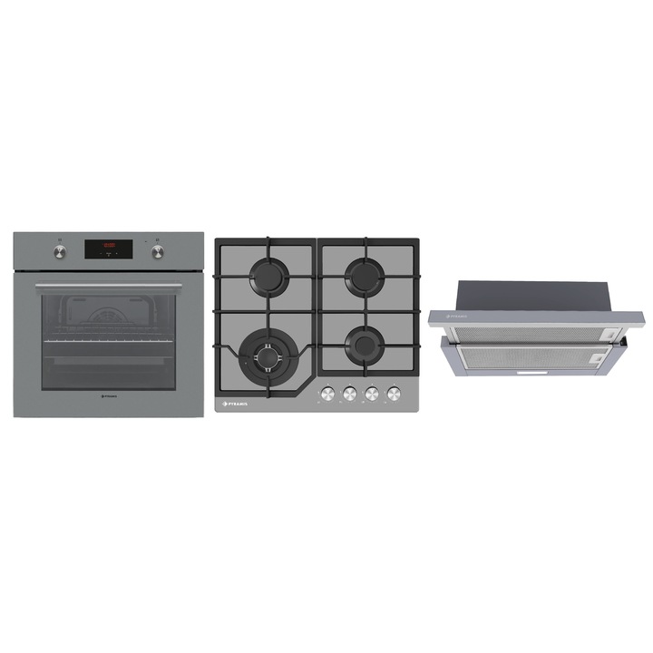 Pachet Pyramis 54P Grey, cuptor electric incorporabil, plita gaz si hota telescopica, 8 functii, clasa A, volum 69 litri, Soft Close, butoane retractabile, 4 arzatoare gaz, WOK, gratare fonta, 573 m³/h, finisaj sticla gri