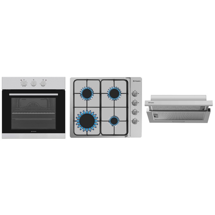 Pachet Pyramis 22P Inox, cuptor electric incorporabil, plita gaz si hota telescopica, 8 functii, clasa A, volum 65 litri, Aqua Clean, butoane rotative mari, 4 arzatoare, wok, gratare fonta, 328 m³/h, finisaj inox