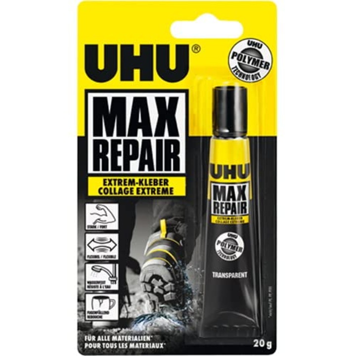 Adeziv UHU Max Repair Transparent, 20g, rezistent la apă, flexibil