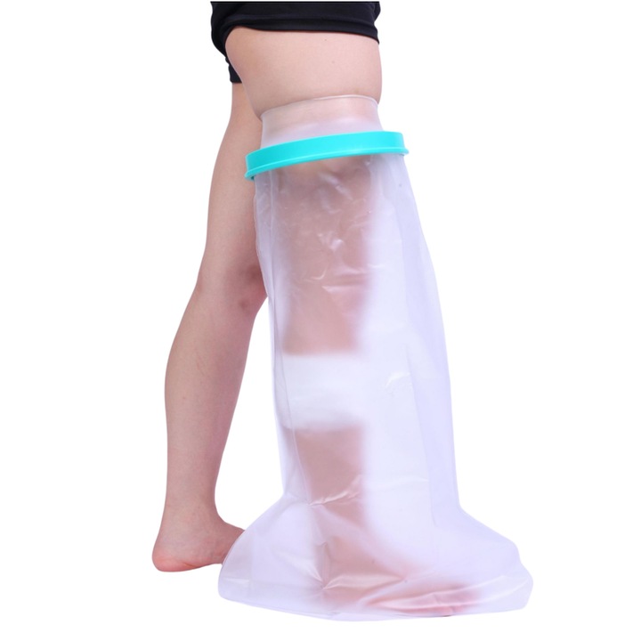 Husa impermeabila pentru dus, PVC, pentru picioare, Protejati bratele, Inel de etansare, 44.5x76x21cm, Unisex, Rezistibil, reutilizabila, Transparent/Albastru, Potrivit pentru persoanele cu fracturi sau rani la picioare