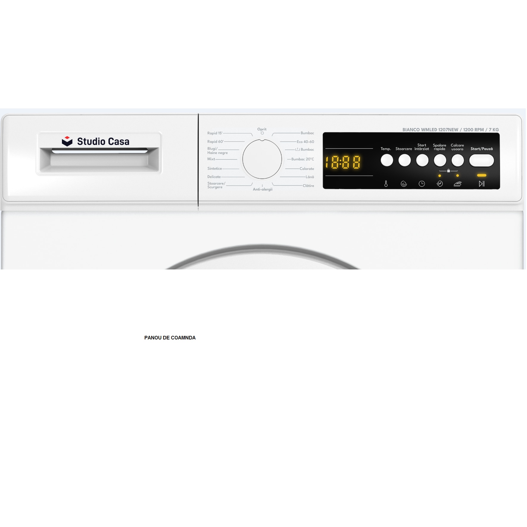 Masina de spalat rufe Studio Casa Bianco WMLED1207 New, 7 kg, 1200 Rpm, Clasa energetica A, 15 programe de spalare, Display digital, 5 functii auxiliare, Alb