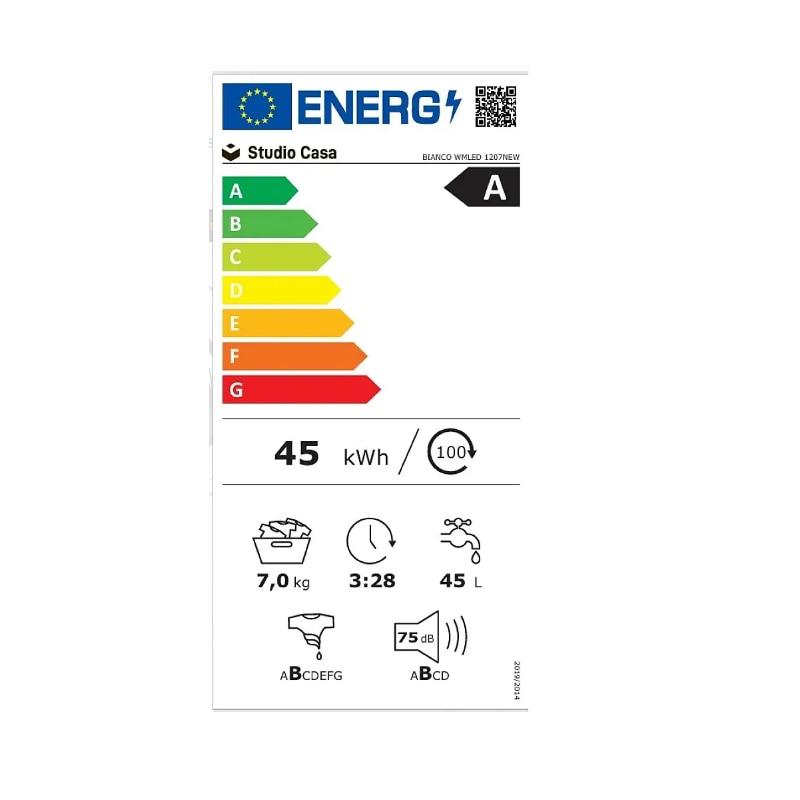 Masina de spalat rufe Studio Casa Bianco WMLED1207 New, 7 kg, 1200 Rpm, Clasa energetica A, 15 programe de spalare, Display digital, 5 functii auxiliare, Alb
