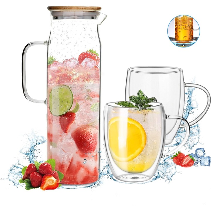 Kancsó szett fedéllel és 2 duplafalú boroszilikát üveg bögrével, Salestore.ro® ideális vízhez, limonádéhoz, gyümölcslevekhez, 1,4 l-es kanna, 350 ml-es bögre, Hőálló üveg -20°C /+150°C, Boroszilikát üveg/bambusz és fém fedél, Átlátszó