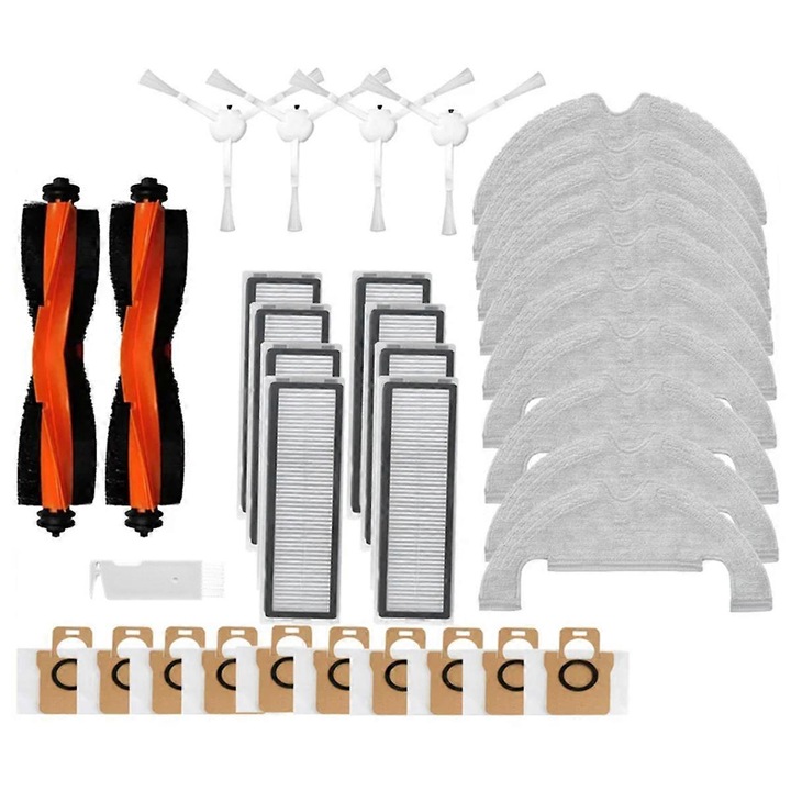 Set accesorii aspirator, 2 perii principale, 4 perii laterale, 8 filtre Hepa, 10 lavete, 10 saci de praf, plastic