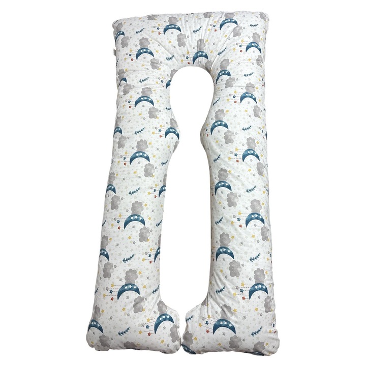 Perna gravide Ema 3 in 1, forma de U, Multifunctionala, Model Semiluna bleu turcoaz, Husa detasabila, Circulatie optima aer, Bumbac ranforce 100%, 135x75 cm